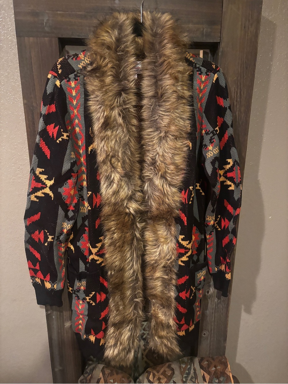 Panhandle Slim Black Aztec Knit Cardigan with Faux Fur Trim